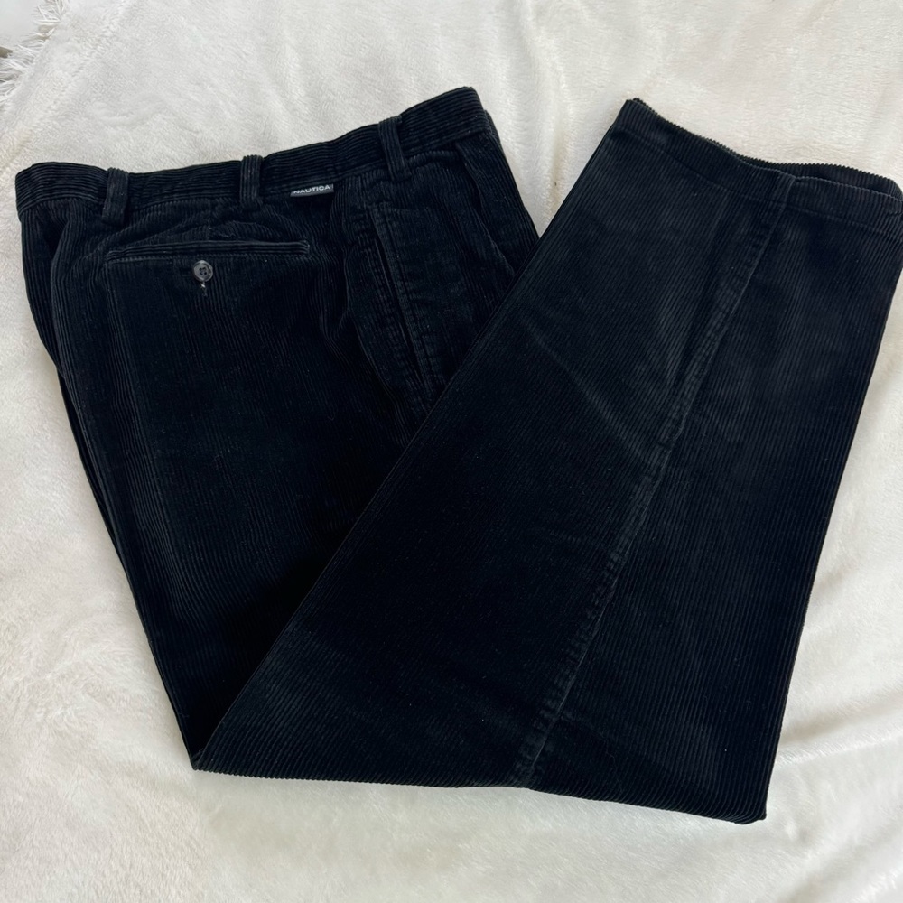 Nautica Pants Mens 38 x 34 Black Corduroy Rigger Pleated Heavy Hemmed 38 x 29